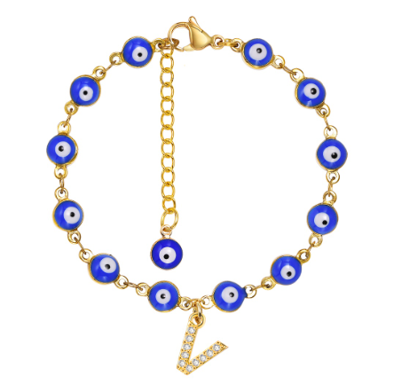 Vnox Initial Letters Evil Eye Bracelet for Women,Turkish Blue Eye Alphabet Bracelets Kabbalah Protection A-Z Jewelry