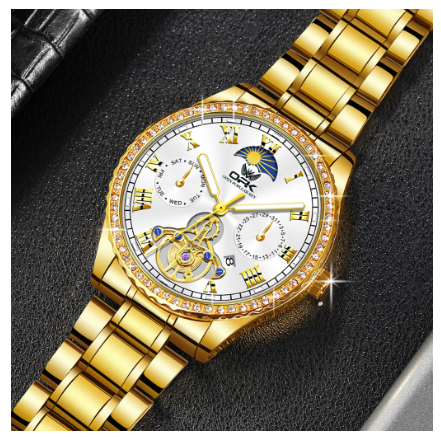 OPK Watch For Men Waterproof Original Stainless Steel With Box Fashion Luminous Calendar Quartz Diamond Men Watch WHITE DIAL GOLD STRAP