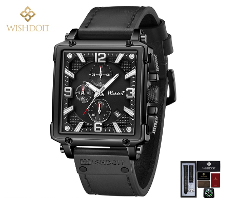 WISHDOIT Watch for Men Original Waterproof Sports Leather Strap Fashion Trend Calendar Luminous Square Watch  BLACK