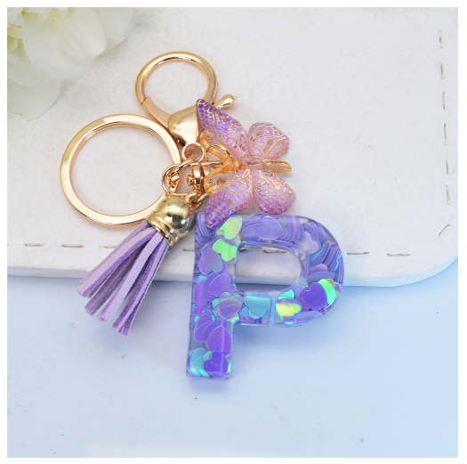 Sparkling 26 Letter Keychain With Butterfly Pendant Exquisite Heart Sequin Filled A-Z Initials Keyrings Bag Pendant Charms Gifts P