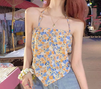 Lovito Women Casual Ditsy Floral Asymmetrical Lace Up Tank Top LNE39450 Multi-Color