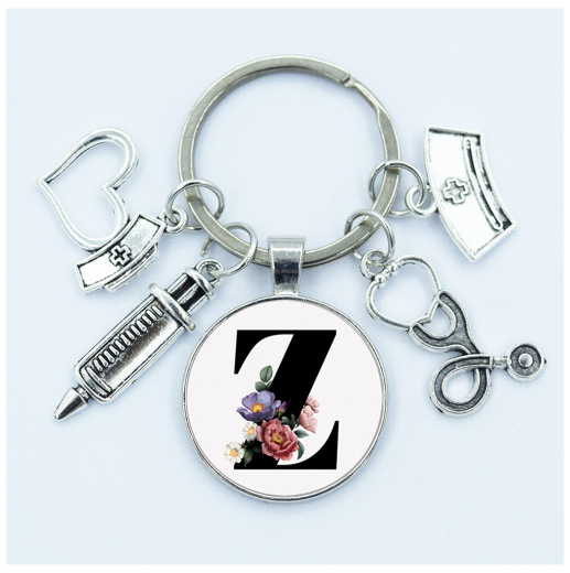 1Pcs Creative Stethoscope Syringe 26 Letter Keychains Nurse Cap Initials Metal Keyrings Bag Ornaments Charms Gifts Souvenir Z