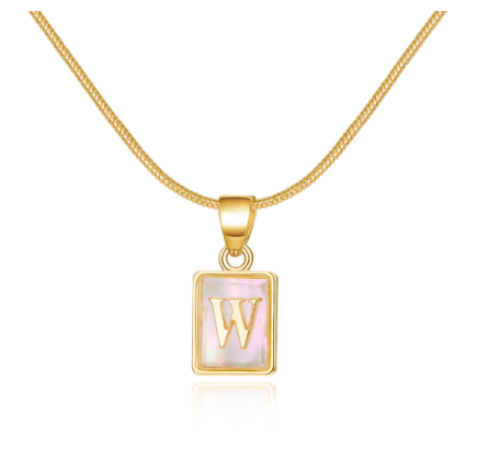 18K Gold 26 Letter Square Pearl Shell Pendant Snake Bone Chain Glow Necklace English Letter Pendant Necklace Gold Shiny W
