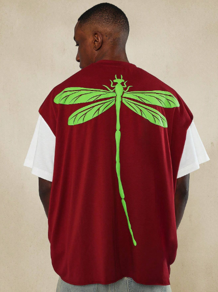 SUMWON Boxy Raw Edge Tank Top With Back Dragonfly Puff Graphic Print