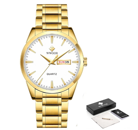 Wwoor Watch Men Stainless Steel Waterproof Quartz Wristwatch Date Relogio Masculino Watch WHITE DIAL GOLD CASE STRAP