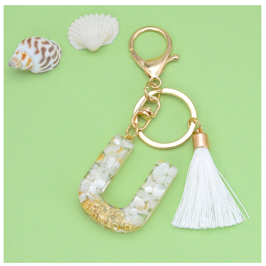 1Pc Gold Tassel Alphabet Keychain English Letter Keyring Glitter Gradient Resin Gold Leaf Crafts Car Mirror Handbag Charms U