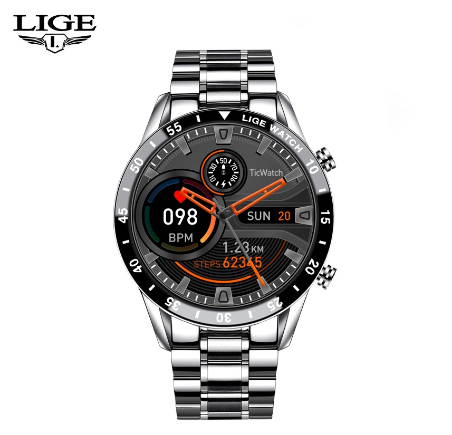 LIGE Smart Watch Men Bluetooth Call Watch IP67 Waterproof Sports Fitness Watch For Android IOS Smart Watch STEEL SILVER