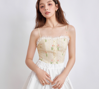 Lovito Women Vintage Ditsy Floral Ruffle Neck Pattern Lace Camis Top L44ee010 Off White