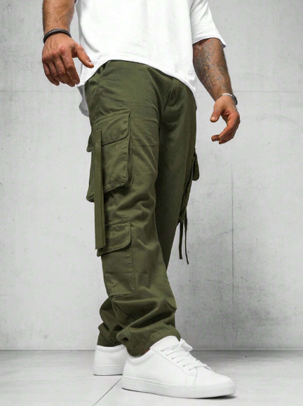 Manfinity Hypemode Men's Solid Color Front Lace-Up Multiple Pockets Casual Straight-Leg Cargo Pants