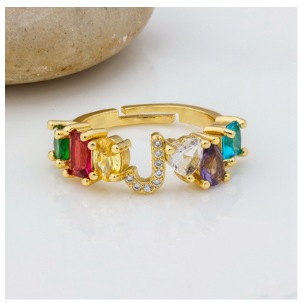 Hot Sale Adjustable A-Z 26 Initial Ring Bohemian Copper Zircon Rainbow Letter Rings for Women Girls Jewelry J