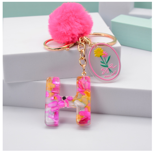 Fashion 26 Letter Keychain A-Z Initial Resin Keyring With Pink Pompom Flower Acrylic Tag Alphabet Key Chain Bag Pendant Gifts H
