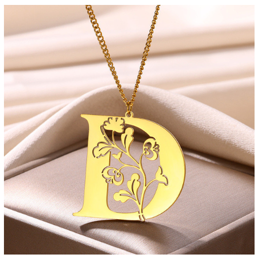 Beauty Flower A-Z Letter Necklaces for Women Men Stainless Steels Flower Initial Pendant Necklace D