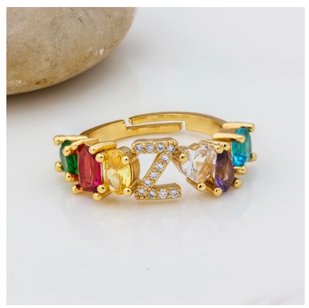 Hot Sale Adjustable A-Z 26 Initial Ring Bohemian Copper Zircon Rainbow Letter Rings for Women Girls Jewelry Z