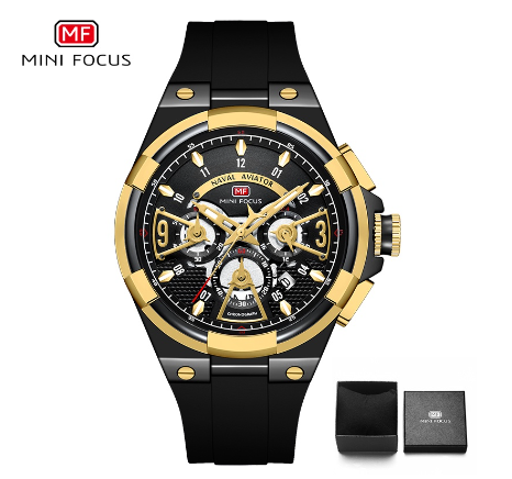 Mini Focus Luxury Men Watch Waterproof Luminous Chronograph Multifunction Sports Business Quartz Watch GOLD BLACK