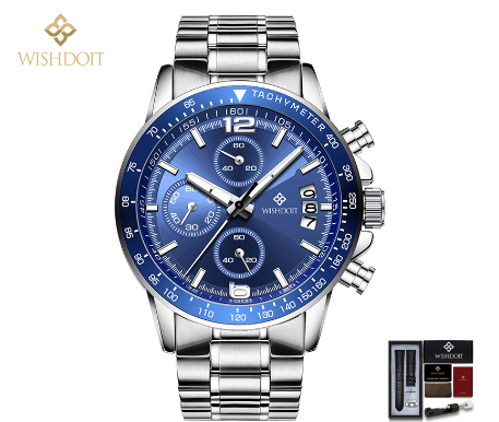 WISHDOIT Watch For Men Original Waterproof Stainless Steel Silver Metal Wristwatch Multifunction Calendar Luminous Watch SILVER BLUE