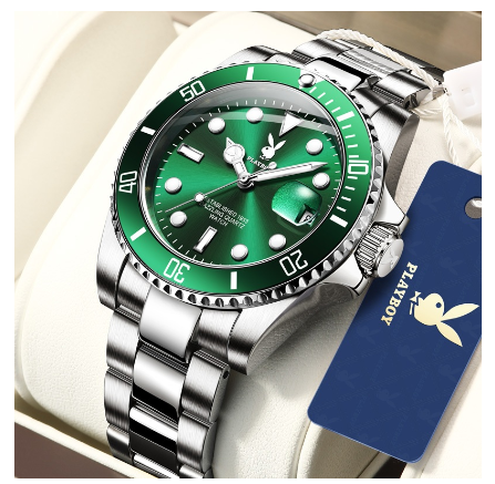 Playboy Watch For Men Waterproof Luminous with Calendar Stainless Steel Strap Green Water Ghost Men's Watch GREEN DIAL