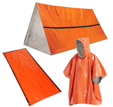 Outdoor Emergency Gear Waterproof Heat Reflective Thermal Poncho Raincoat with Sleeping Bag and Tent Shelter for Camping Hiking