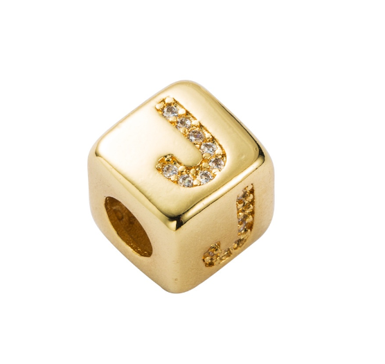 Gold Rhinestone Letters Cube Charm for Bracelet Necklace A-Z Alphabet Dice Beads J