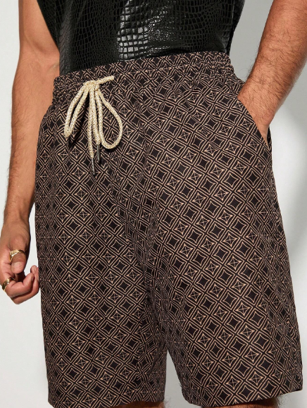 Manfinity NiteLyfe Men Summer Woven Casual Shorts With All-Over Print And Drawstring Waist