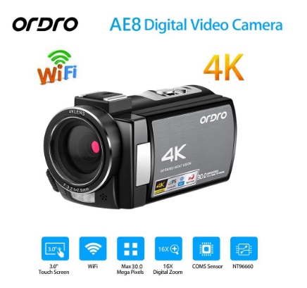 Original Ordro AE8 UHD 4K HDV Camera WiFi 30MP 16X Zoom IR Night Vision DV Digital Camcorder AE8
