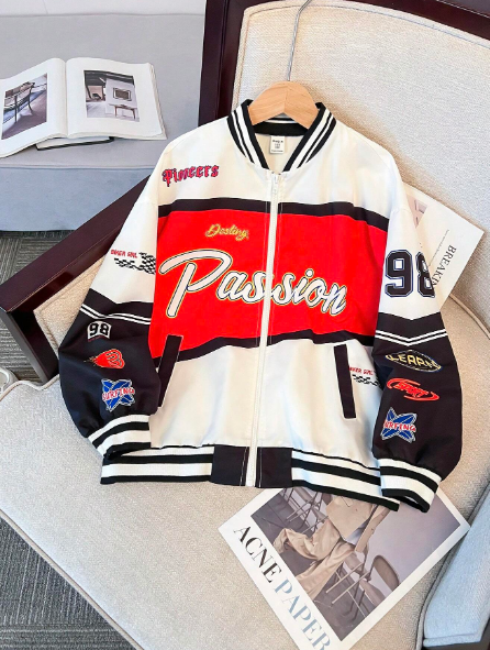 Tween Girl Loose Minimal Chic Alphabet Loose Punk Style Baseball Jacket Casual Outerwear