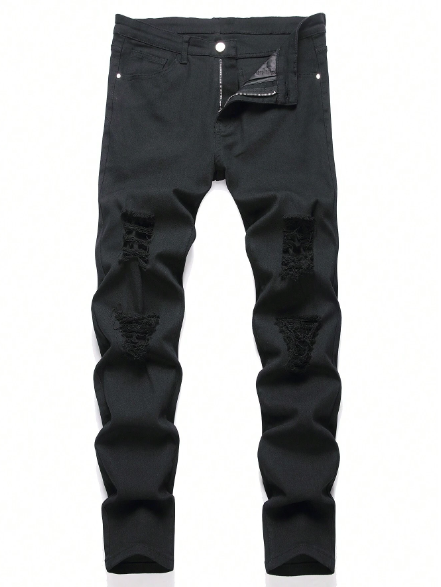 Men's Solid Color Zipper Closure Jeans With Pocket And Distressed Design, Casual Pants