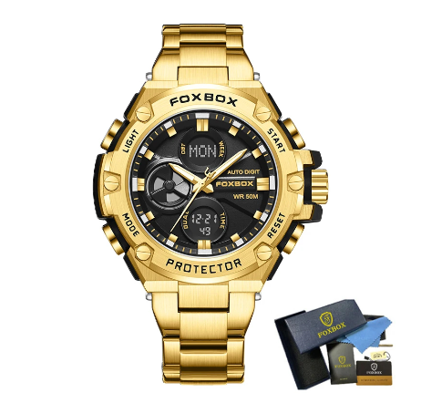 LIGE Original Digital Quartz Watch Men Fashion Stainless Steel Anti-Rust Band LCD Waterproof Sport Chronograph Wristwatches GOLD BLACK