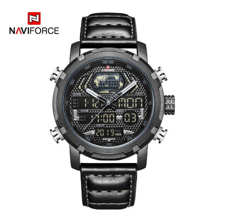 Naviforce Men Top Brand Luxury Sport Leather Strap 30M Waterproof Miliary Dual Display Wristwatch BLACK GRAY