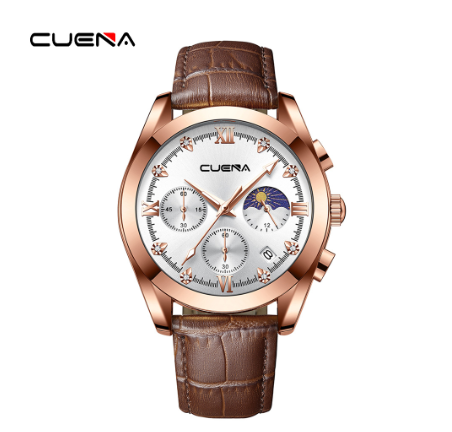 CUENA New Men's Watch Fashion Business Simple Leather Waterproof Automatic Date Quartz Decorative Dial 6108  M001