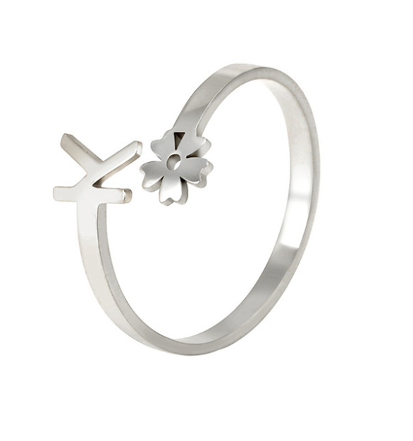 Stainless Steel A-Z Letter Ring For Women Girl Flower 26 Initial Name Adjustable Ring Trendy Birthday Jewelry Gift K