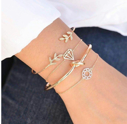 4Pcs Leaf Knot Love Diamond Opening Vintage Bracelet Set Jewelry
