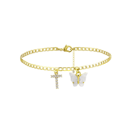 Fation Dainty Butterfly Initial Ankle Bracelets Handmade Cuban Chain White Butterfly A-Z Alphabet Letter Initial Anklets Summer Beach T