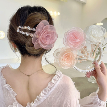 Korean New Large Mesh Flower Beaded Hairpin Hair Clip Girls Sweet Ponytail Holder Fashion Hair Accessories