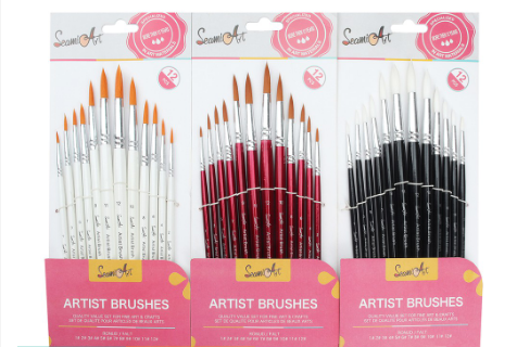 SeamiArt 12 Pcs. Filbert Shape Nylon Hair Painting Brush Set For Gouache Watercolor Oil Acrylic 3 Color Options