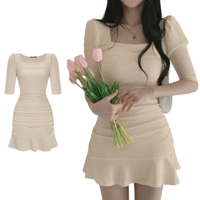 Lovito Women Drawstring Ruffle Hem Structure Line Puff Sleeve Dress L62ED160 (Off White)