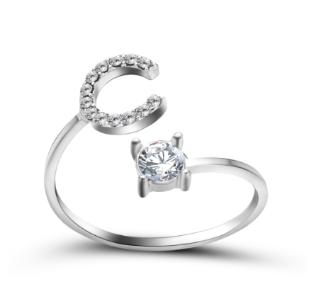 Silver A-Z Letters Ring for Women Cubic Zirconia Initial Letter Ring Fashion Jewelry Gift Adjustable C