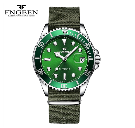 FNGEEN 9001 Men's Automatic Mechanical Watch Canvas Strap GREEN