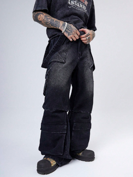 Manfinity Denimwave Y2K Retro Streetwear Men's Black Denim Cargo Wide Leg Pants With Long Tie Design Baggy Jeans