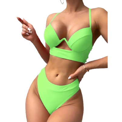 Lovito Women Sexy Plain Cut Out Bikini Sets LNL37133 (Green)