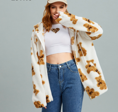 Casual Bear Print Zipper Hoodie Jackets (White)
