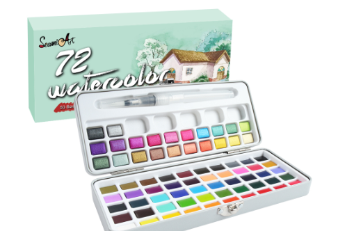 SeamiArt 72 Colors Solid Watercolor Painting Set With Tin Box