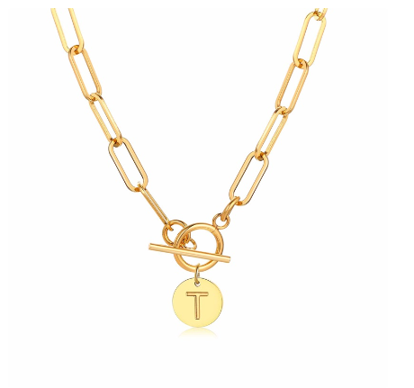 Vnox Women Stainless Steel Gold Plated Initial Pendant Necklace with Paperclip Necklace T
