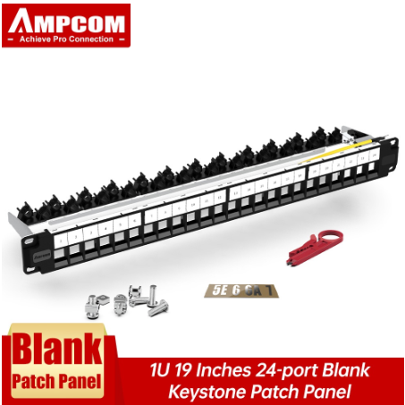 AMPCOM 24-Port Blank Keystone Patch Panel 1U STP/UTP 19 Inch Rack Wall Mount With Rear Cable Management Panel, RJ45 Ethernet