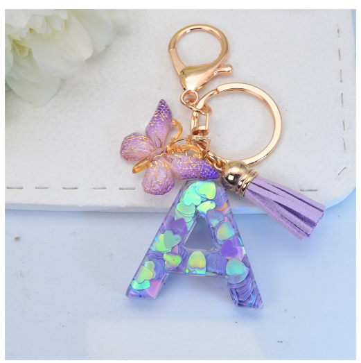 Sparkling 26 Letter Keychain With Butterfly Pendant Exquisite Heart Sequin Filled A-Z Initials Keyrings Bag Pendant Charms Gifts A