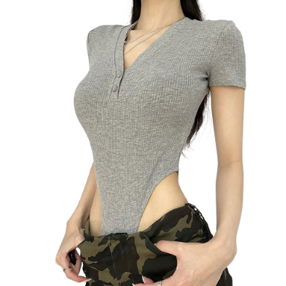 Lovito Women Casual Plain Cut Out Button Bodysuit LNE30294 (Grey)