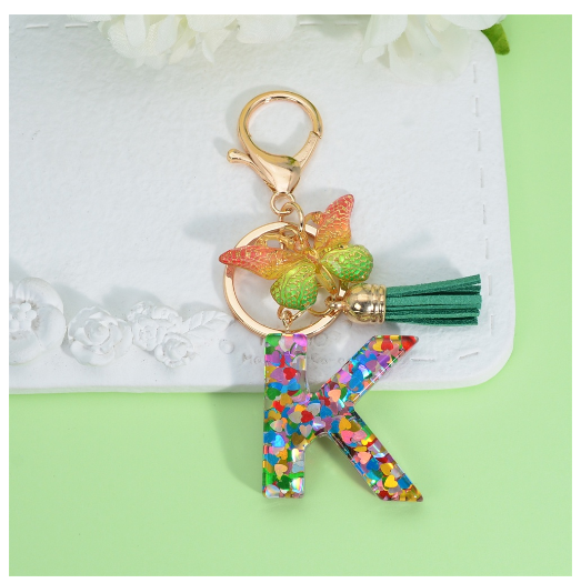 Fashion Butterfly Pendant 26 Letter Keychain Heart Sequins Filled A-Z Initial Key Chains With Tassel Bag Charms Accessories Gift K