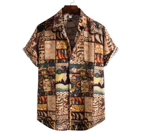 Men's Loose Casual Vintage Ethnic Printed Short Sleeve Shirt Boho Button Up Lapel Floral Polo Shirt for Men Plus Size