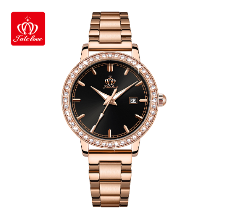 Fate Love Watch For Women Waterproof Leather Strap Stainless Steel With Box Original Quartz Luminous Authentic Fashion Watches BLACK DIAL ROSEGOLD CASE STRAP