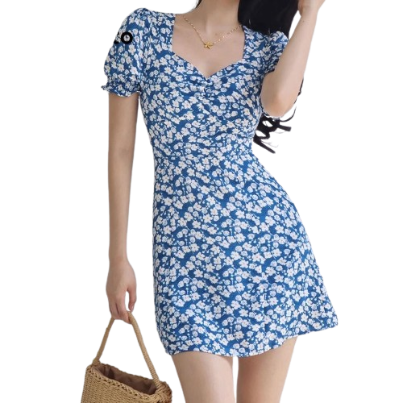 Lovito Women Pleated Ditsy Floral Puff Sleeve Dress L62ED140 (Multi-color)