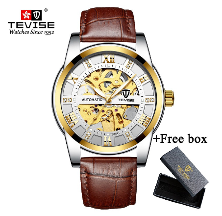 TEVISE Original Watch for Men Automatic Waterproof watch relo Gold Skeleton Luxury Stainless Steel Steel leather strap Luminous 9005A 5
